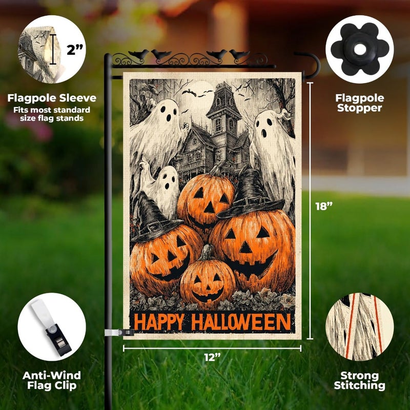 KarvePro Halloween Garden Flag 12x18 Double Sided – Happy Halloween Flag for Outside, Spooky Ghosts, Pumpkins & Haunted House Yard Flag Decor for Fall Outdoor Display - Image 3
